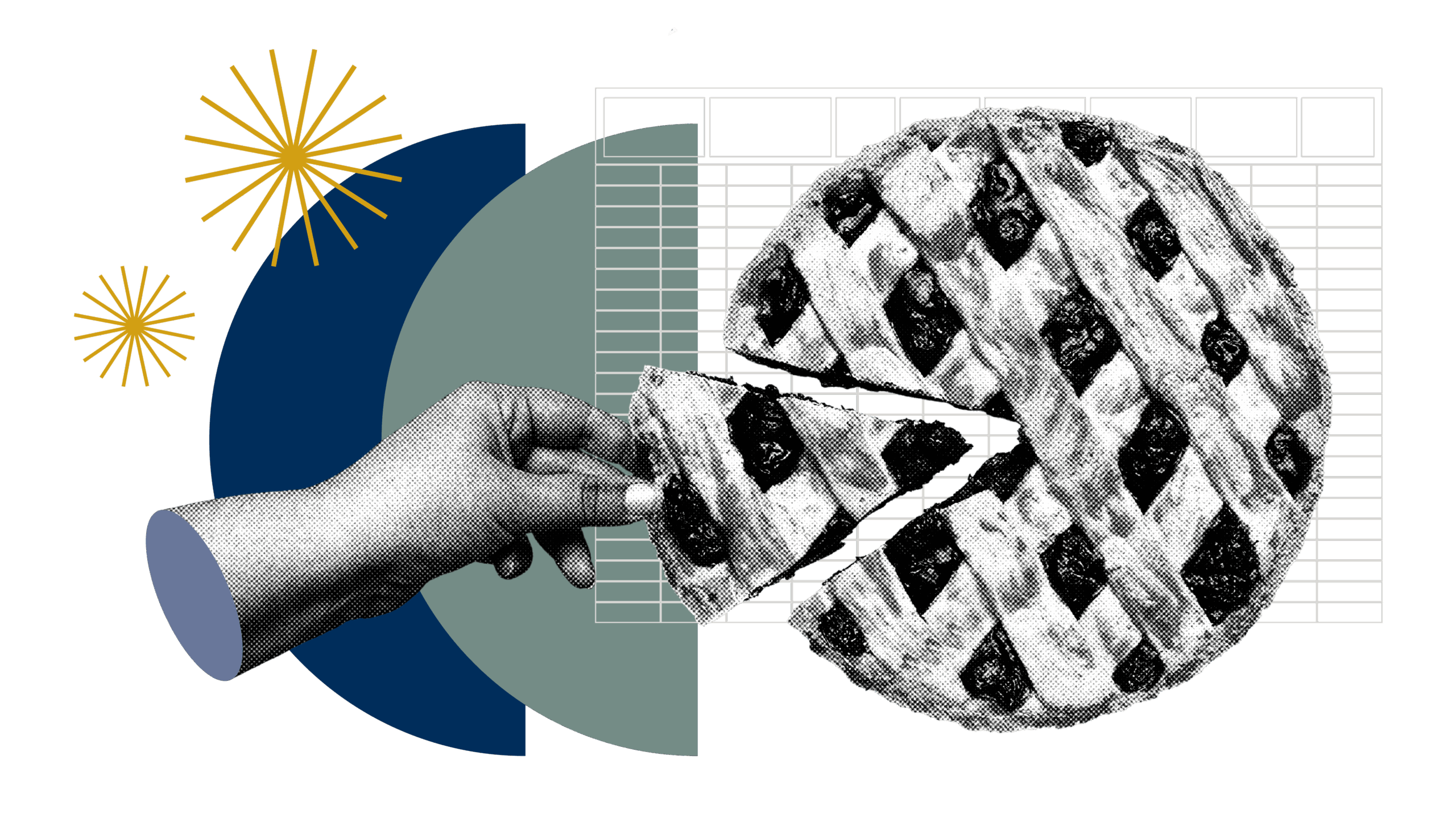 An illustration in black, white, and gold shows a hand reaching into a pie chart that looks like a lattice-crust pie. The hand is taking a slice of pie from the larger pie. In the background is a spreadsheet grid and some geometric shapes.