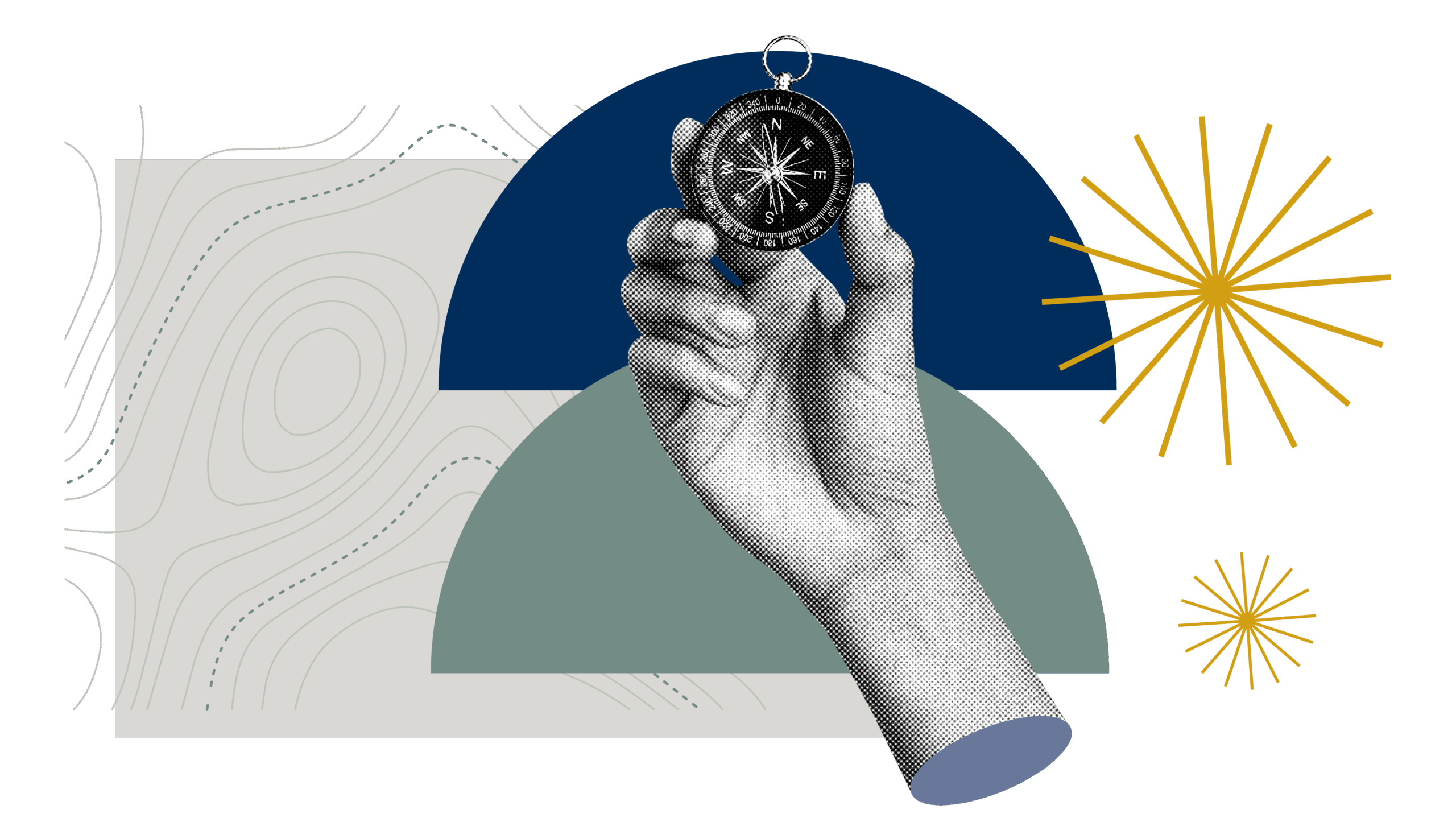 A stylized, monochromatic hand holds a compass against a background of geometric shapes in navy, sage green, and white with thin gold starburst accents.