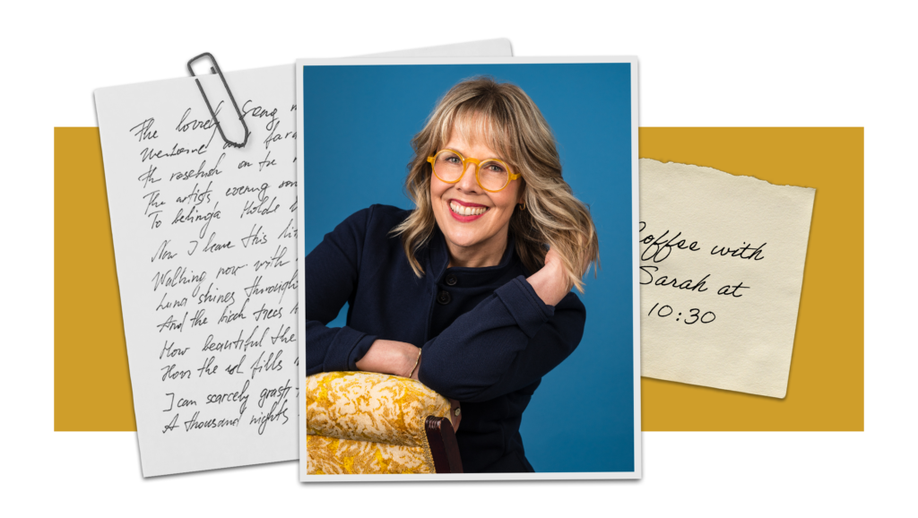 A smiling woman with shoulder-length blonde hair and bright yellow glasses leans casually on the back of a patterned yellow chair. She wears a navy top and is photographed against a teal-blue background. Behind her are layered paper elements, including a handwritten letter clipped with a paperclip on the left and a torn note on the right that reads, “Coffee with Sarah at 10:30.” The overall design has a warm, creative, editorial feel with yellow accents.